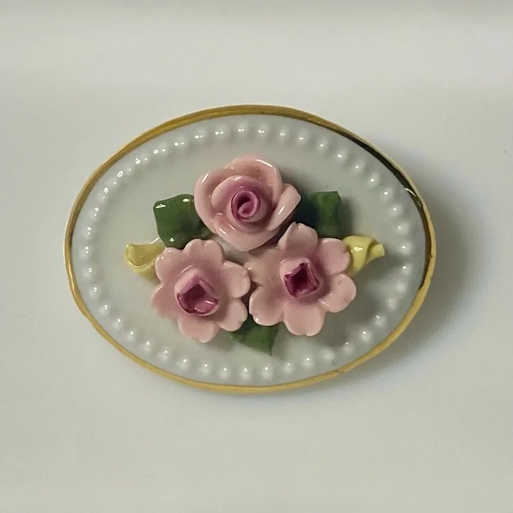 Vintage Floral Porcelain Brooch with Pink Roses